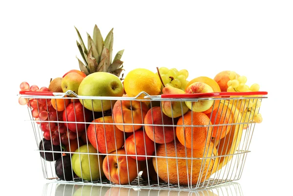 Sortiment exotického ovoce v kovovém koši izolovaném na bílém — Stock fotografie