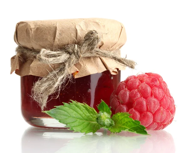 Jar with jam and ripe raspberry with mint isolated on white — Stock Photo, Image