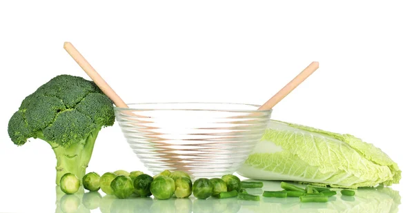 Glass bowl with cabbages and broccoli isolated on white — Stock Photo, Image
