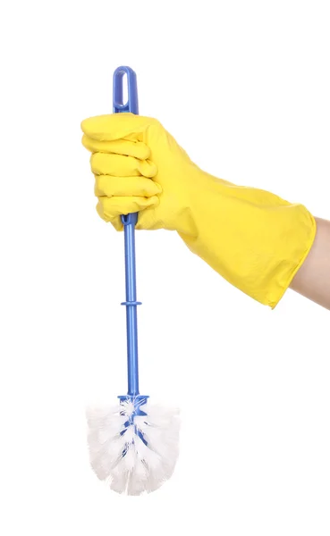 Escova de limpeza para vaso sanitário na mão isolado em branco — Fotografia de Stock