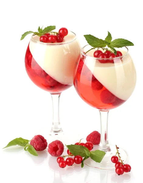 Gelée de fruits au chocolat et baies dans des verres isolés sur blanc — Photo