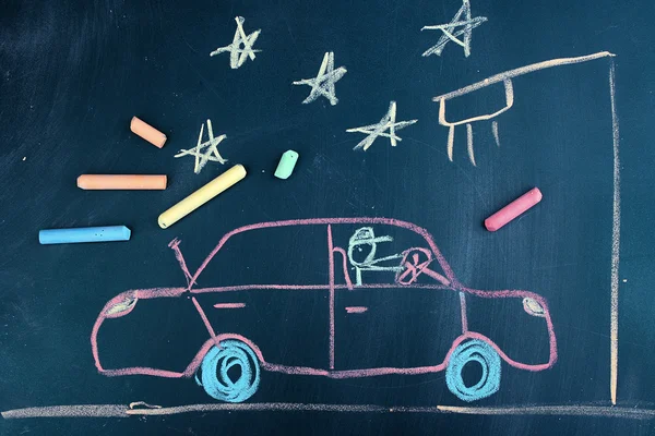 stock image Car on road, child's drawing with chalk