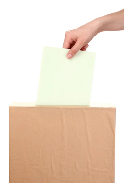 투표 투표와 상자 흰색 절연 손 — 스톡 사진