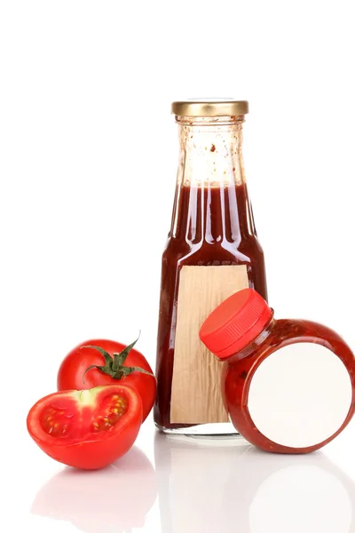 Tomato sauce in bottles isolated on white — Stock Photo, Image