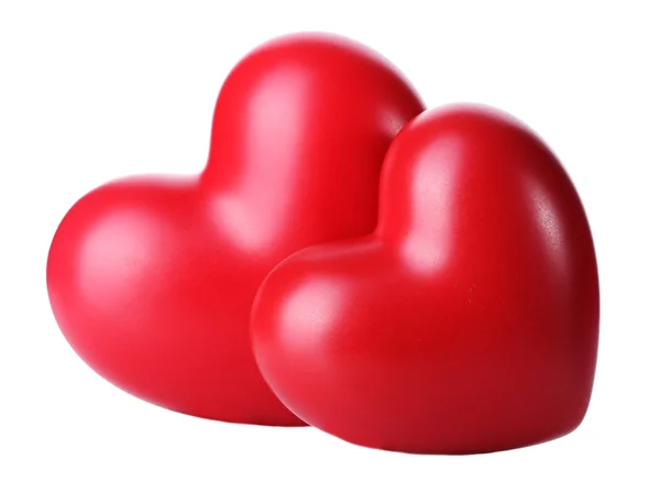 Δύο διακοσμητικά κόκκινες καρδιές που απομονώνονται σε λευκό — Φωτογραφία Αρχείου