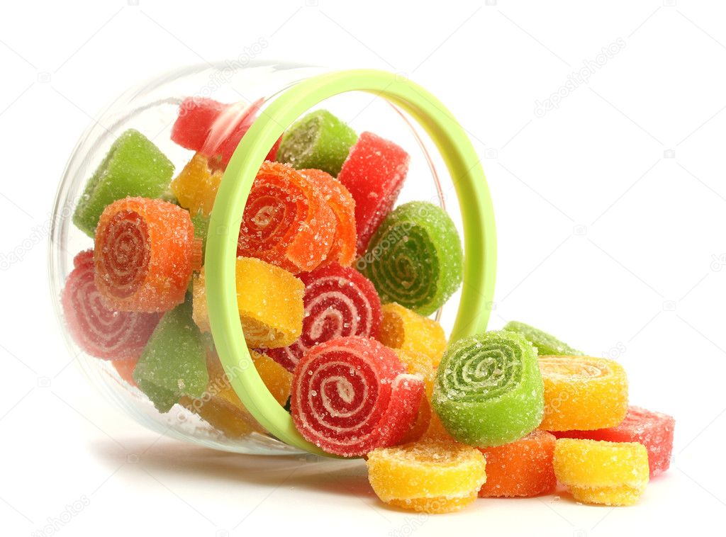 Colorful jelly candies in glass jar isolated on white
