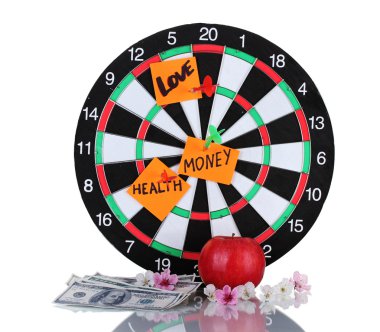 Darts with a stickers symbolizing love, health and money isolated on white clipart