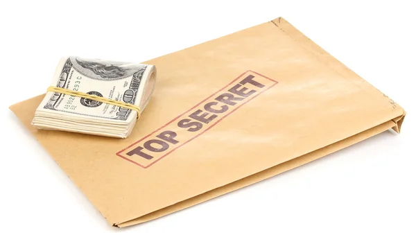 Dolar banknotów i top secret koperty na białym tle — Zdjęcie stockowe