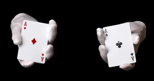 Cards in hands isolated on black — Stock Photo, Image