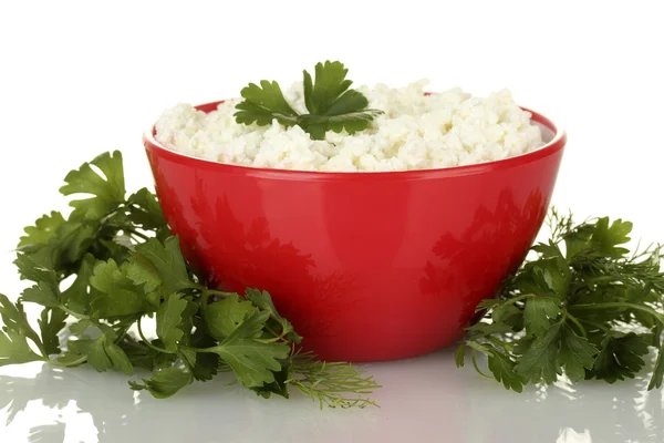 Cottage cheese with greenery in red bowl on white background close-up — Stock Photo, Image