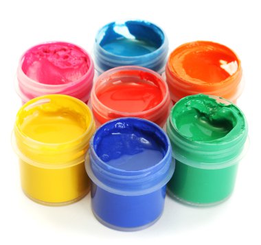 Jars with multicolored gouache isolated on white background clipart