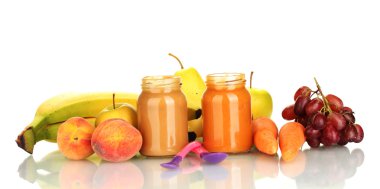 Jars with fruit and vegetables baby food and fruits and vegetables isolated on white clipart