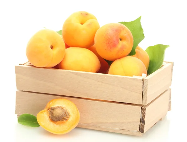 Rijp abrikozen met groene bladeren in houten doos geïsoleerd op wit — Stockfoto