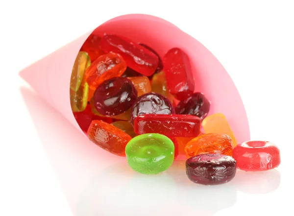 Elszigetelt fehér fényes táska-ízletes színes cukorkák — Stock Fotó