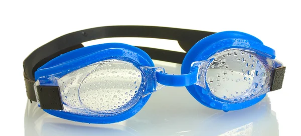 Modré plavat brýle s kapkami izolovaných na bílém — Stock fotografie