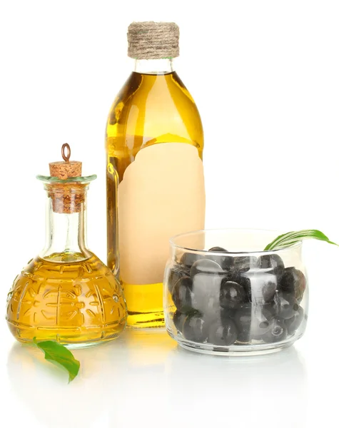 Botella de aceite de oliva y pequeño decantador aislado en blanco —  Fotos de Stock