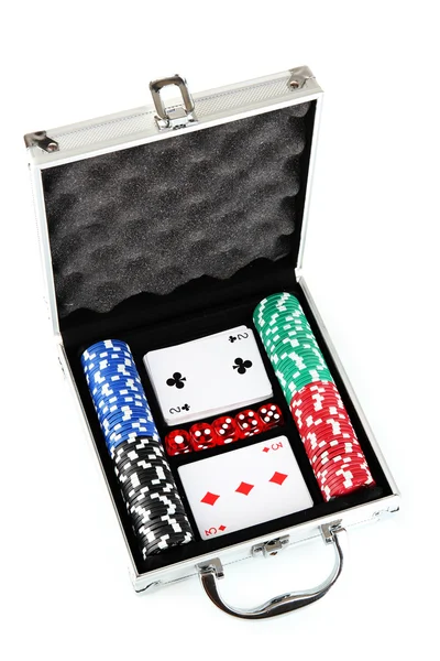 Poker set in metallic case isolated on white background — Stock Photo, Image