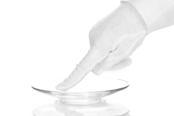 Mão feminina verificando limpeza isolada em branco — Fotografia de Stock