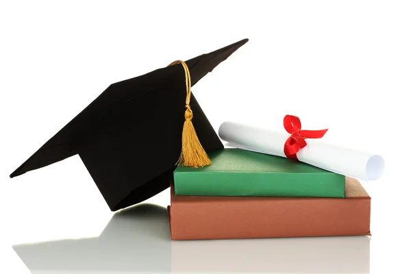 Град капелюх і диплом з книгами ізольовані на білому — стокове фото