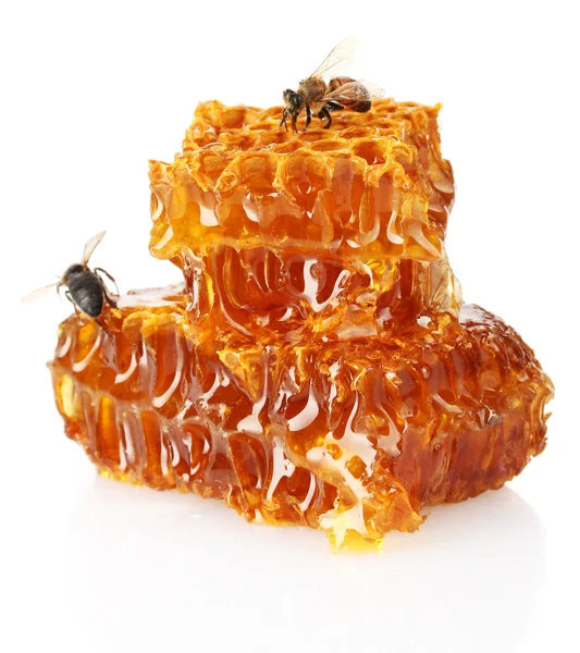 Favo dolce con miele e api, isolato su bianco — Foto Stock