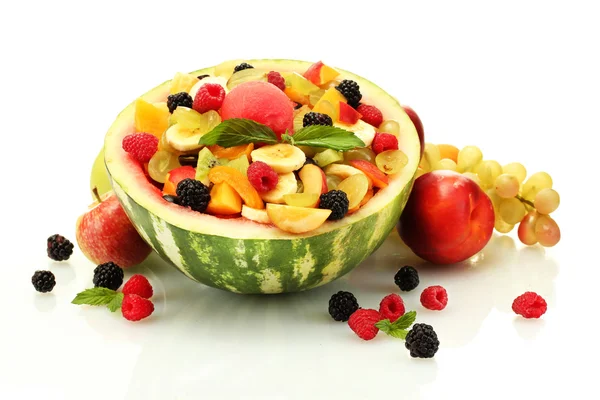 Fresh fruits salad in watermelon, fruits and berries, isolated on white — Stock Photo, Image