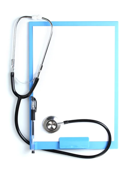 Stetoskop och blå Urklipp isolerad på vit — Stockfoto