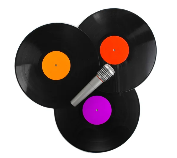 Černý vinyl records a mikrofon izolovaných na bílém — Stock fotografie