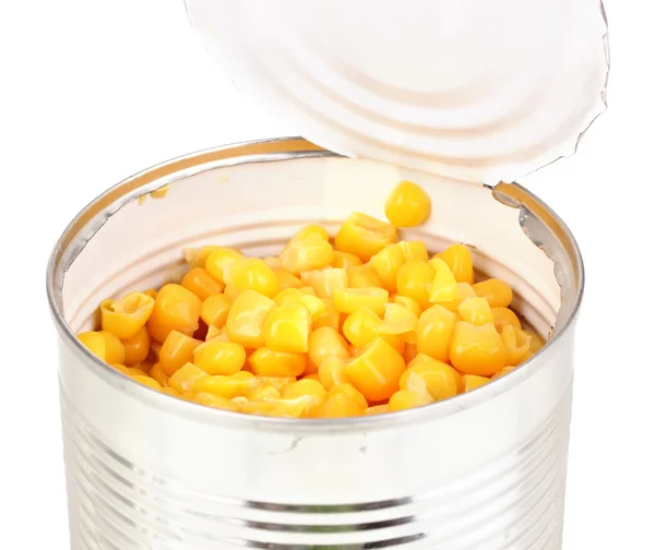Otwórz blaszany kukurydzy na białym tle — Zdjęcie stockowe
