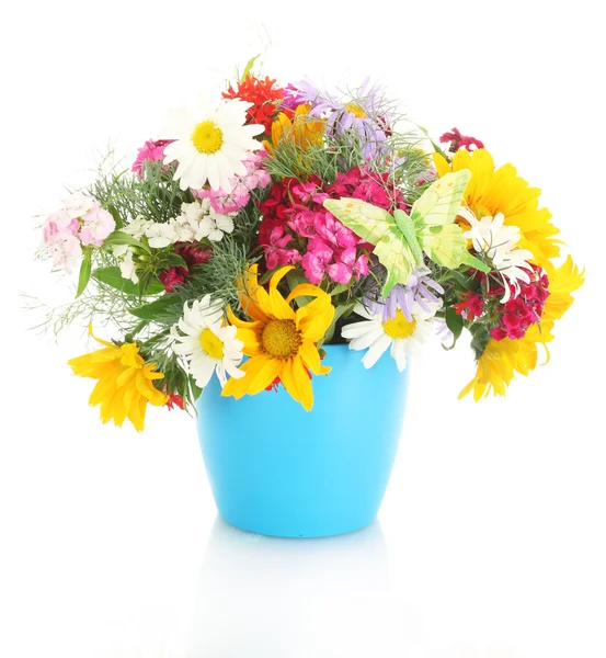 Beautiful bouquet of bright wildflowers in flowerpot, isolated on white — Stock Photo, Image