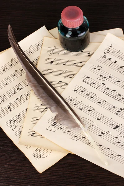 Notas musicais e pena na mesa de madeira — Fotografia de Stock