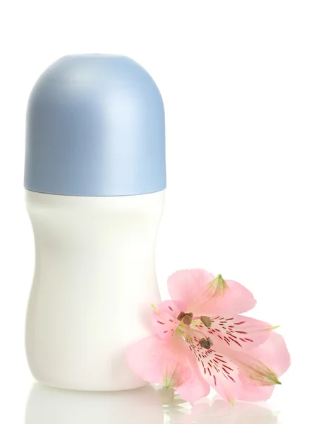 Desodorizante com flor isolada em branco — Fotografia de Stock