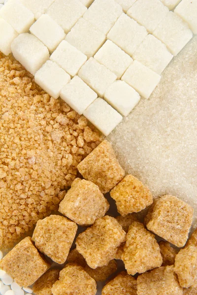 Tatlandırıcı ile beyaz ve kahverengi şeker yakın çekim — Stok fotoğraf