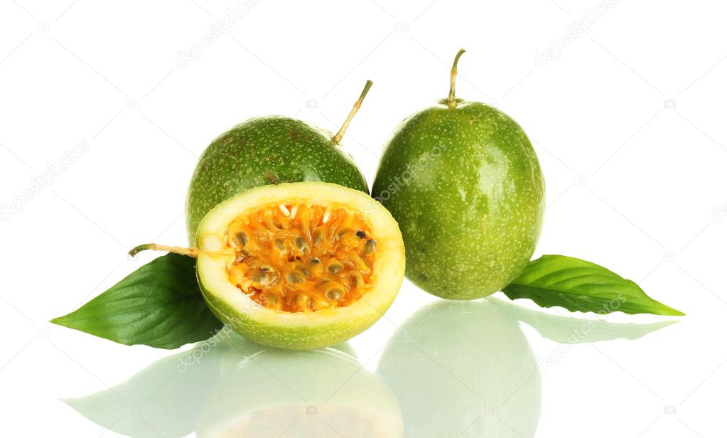 Green passion fruit isolated on white background close-up