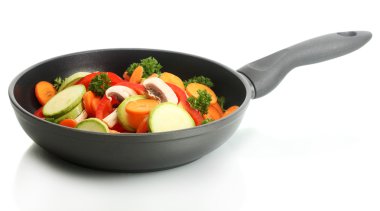 Frying pan with vegetables on white clipart