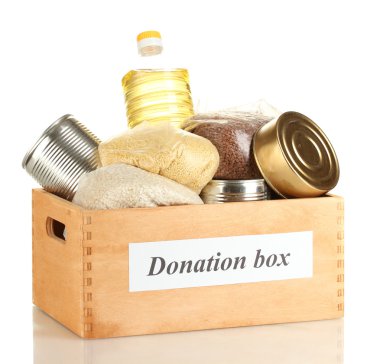 Donation box with food isolated on white clipart