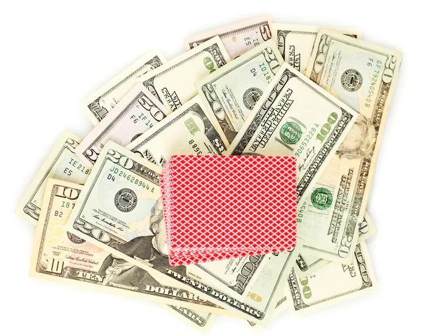 ドルと白で隔離されるトランプのデッキ — ストック写真