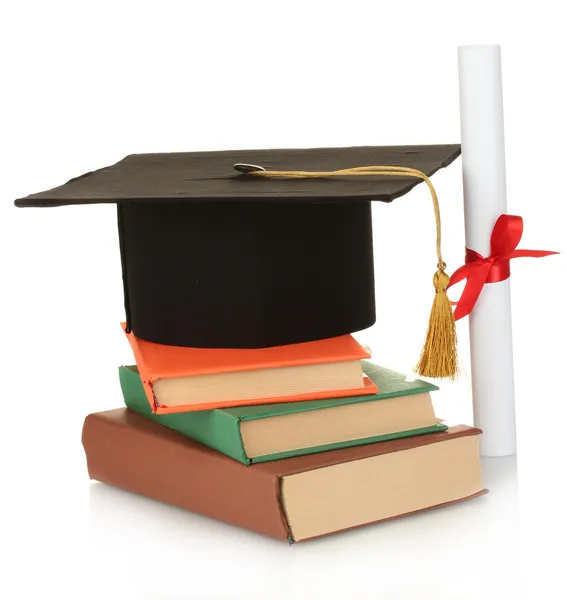 Grad kalap és a diploma elszigetelt fehér könyvek — Stock Fotó