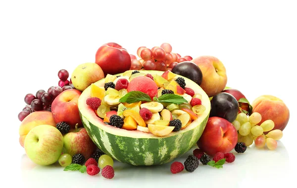 Fresh fruits salad in watermelon, fruits and berries, isolated on white — Stock Photo, Image
