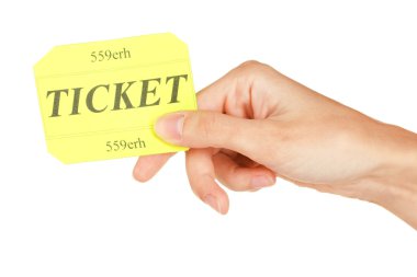 Woman's hand holding a colorful ticket on white background close-up clipart