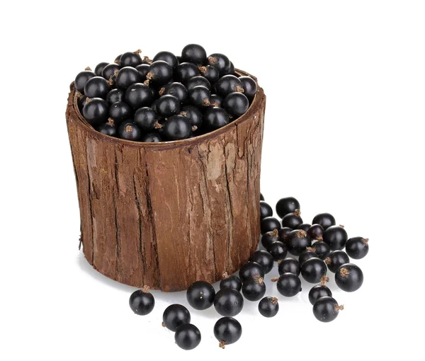 Black currant in wooden cup isolated on white — Stock Photo, Image