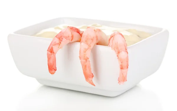 Delicious marinated shrimp with sauce isolated on white — Stock Photo, Image