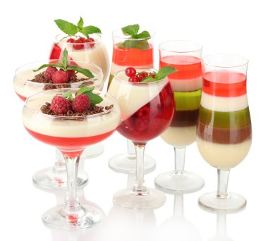 Fruit jelly with chocolate and pberries in glasses isolated on white clipart