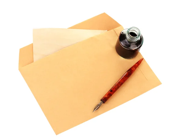 Tükenmez kalem, InkWell ve eski mektup üzerinde beyaz izole — Stok fotoğraf