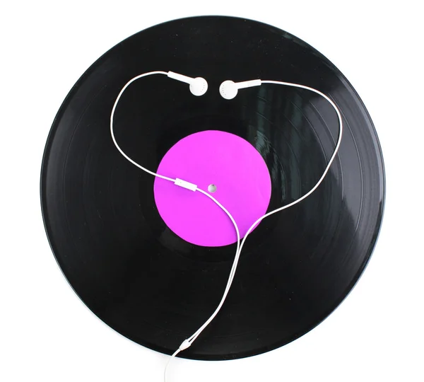 Black vinyl record and headphones isolated on white — Stock Photo, Image