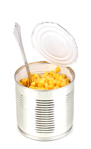 Open tin can of corn with spoon isolated on white — Stock Photo, Image