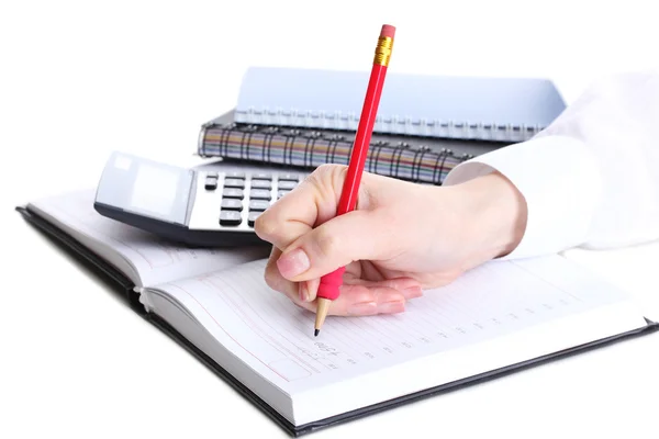 Women hands with pencil, notebook and Calculator isolated on white — Stock Photo, Image