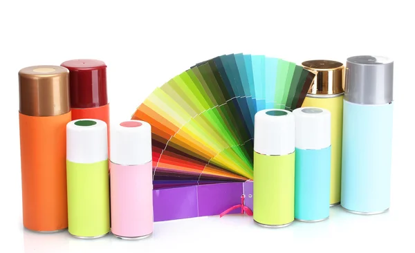 Aeroszolos palackok és fényes papír palettáját elszigetelt fehér — Stock Fotó