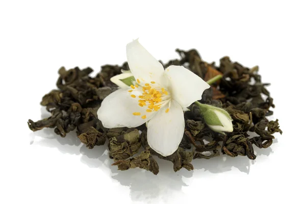 stock image Beautiful jasmine flower and dry green tea isolated on white