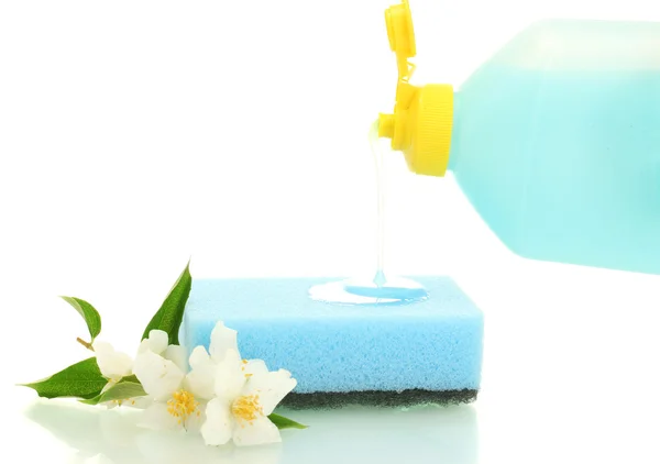 Bright sponge and flowers with dish washing liquid isolated on white — Stock Photo, Image