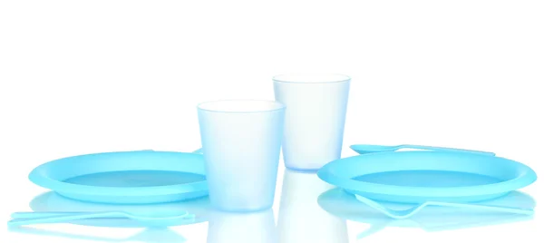 Plástico brilhante utensílios de mesa descartáveis isolados no fundo branco — Fotografia de Stock